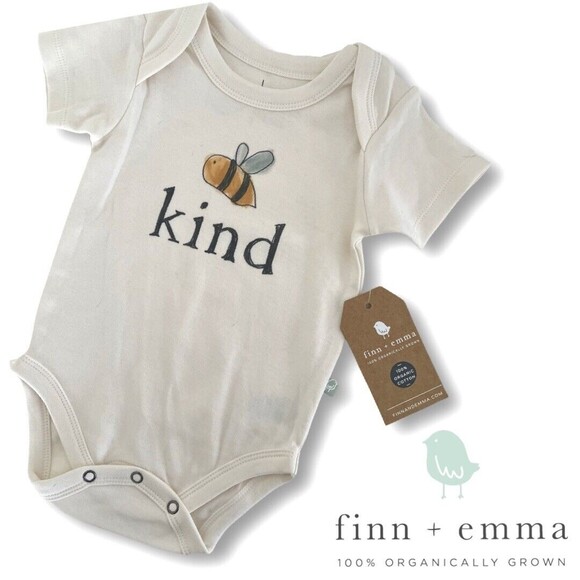 NWT Finn+ Emma Baby Bodysuit (6-9 M) 100% Organic Cotton Bee "Be Kind" Snappie - Picture 1 of 7